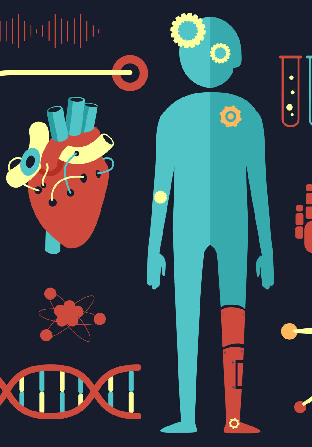 Illustration of Biomedical Engineering Elements like DNA, Man, Heart and Stethoscope